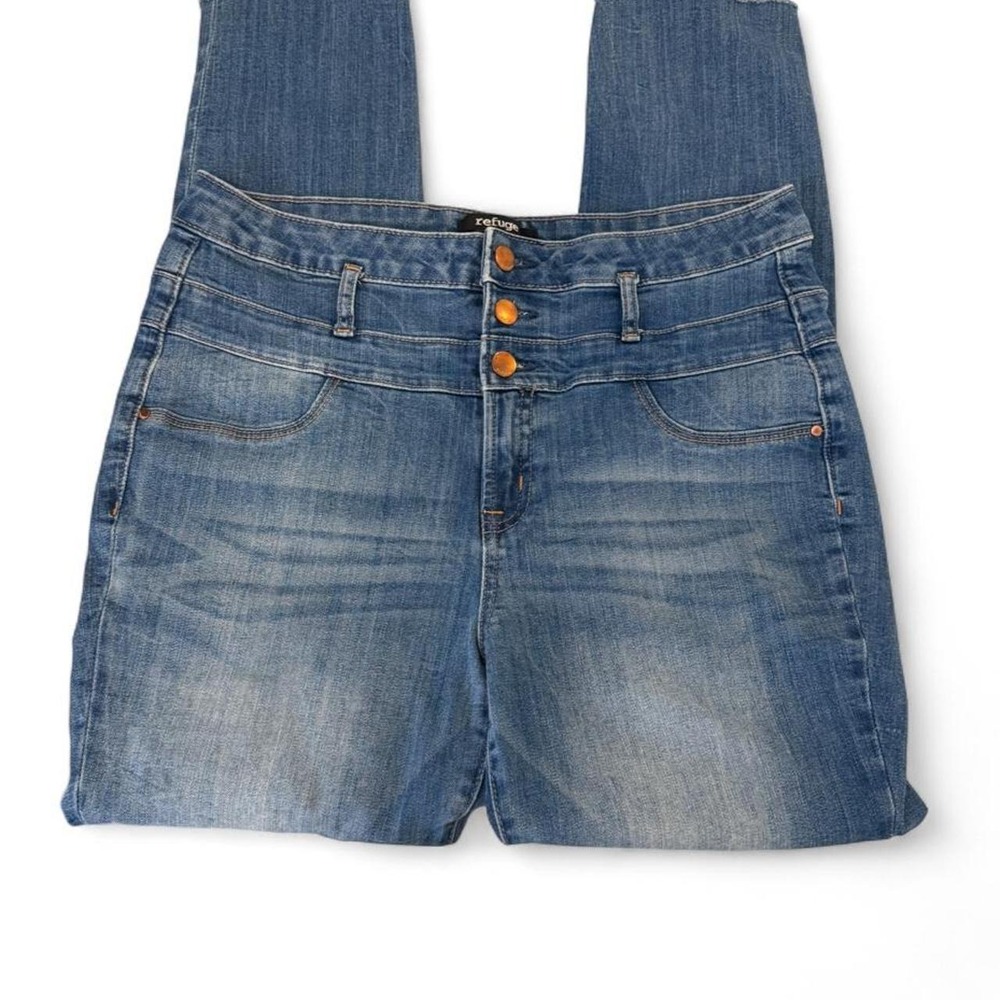 Refuge High Waisted Skinny Jeans Medium Wash Raw Hem Triple Button Size 10